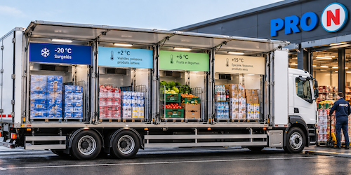 Livraison supermarché alimentaire par camion compartimenté multi-température
